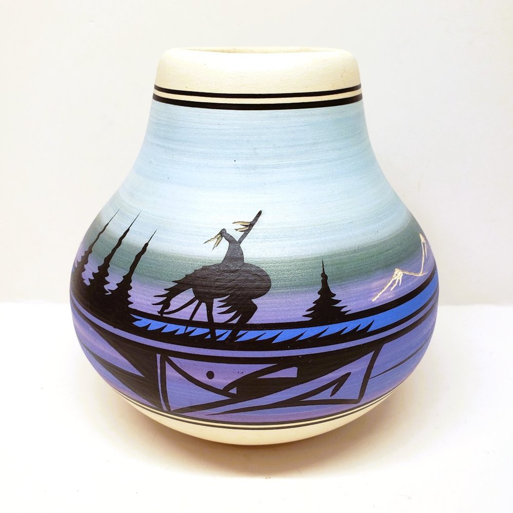 Southwest Style Pot Vase Blue Navajo Native American Pottery Signed Jerry Skow
